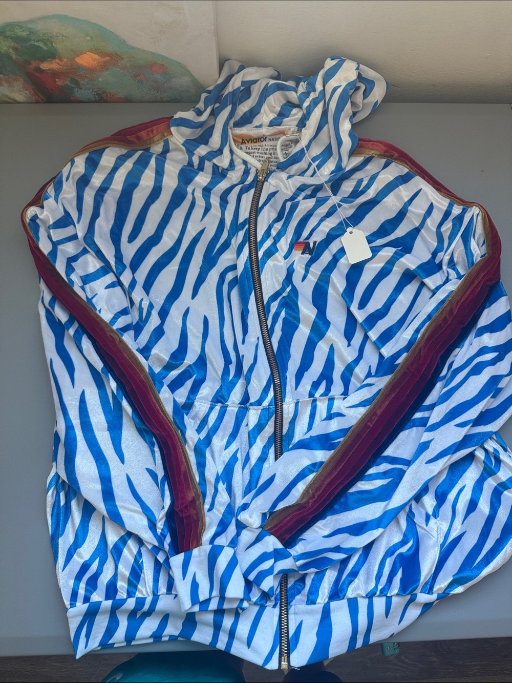 NEW AVIATOR NATION -Blue & White Zebra Stripe Zip Hoodie with Maroon Trim SIZE L